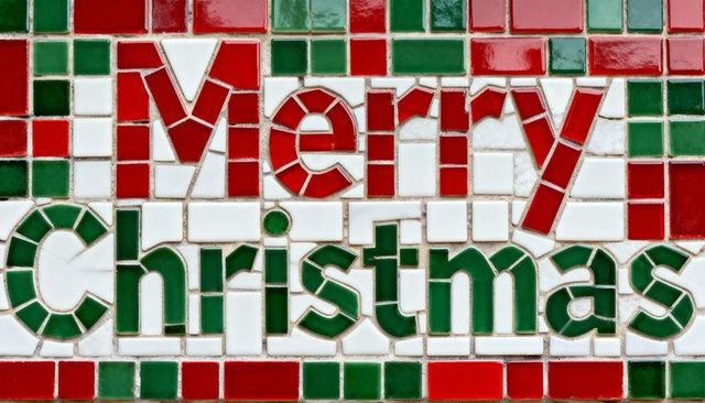 Merry christmas ceramic tile mosaic signage in red green white glossy holiday decor