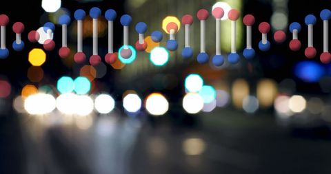 Digital DNA Strand Overlay and Urban City Lights Bokeh - Download Free Stock Images Pikwizard.com