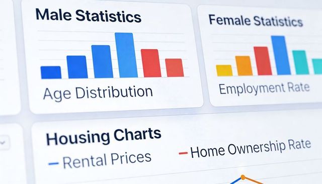 Digital dashboard showing demographic and housing statistics with colorful charts