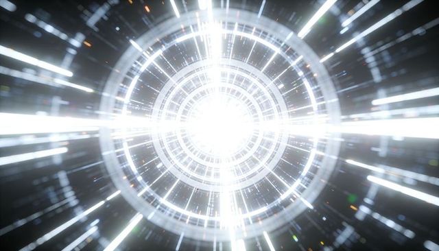 Futuristic energy core vortex with neon concentric rings and radial light burst