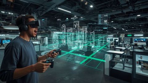 Man Engaging with Virtual City using VR in Futuristic Innovation Space