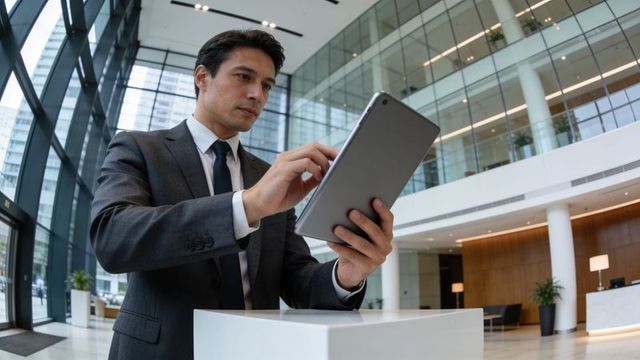 Business executive using tablet in modern glass atrium lobby managing digital workflow