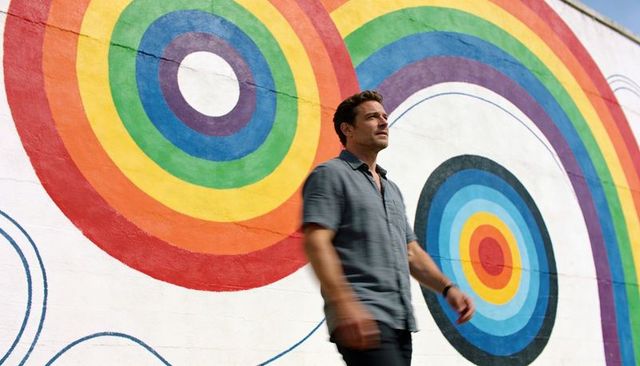 Man walking past vibrant rainbow concentric circles mural on urban wall, colorful motion