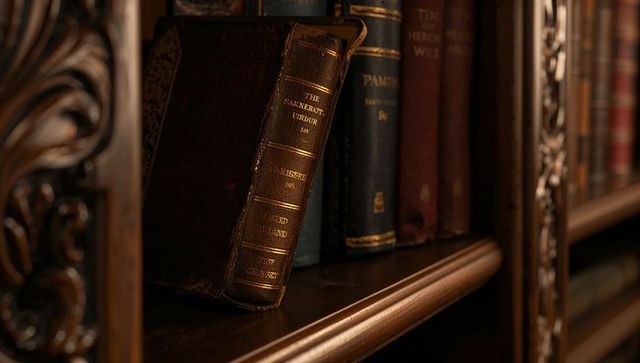 Worn Leather-Bound Book Leaning on Ornate Carved Bookshelf with Gilt Spine Patina