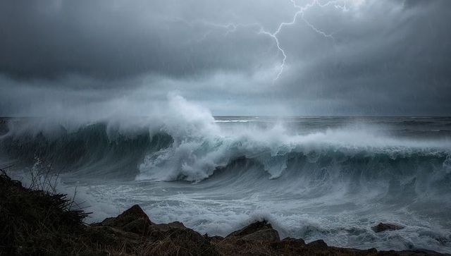 Powerful ocean wave with lightning in dramatic stormy seascape