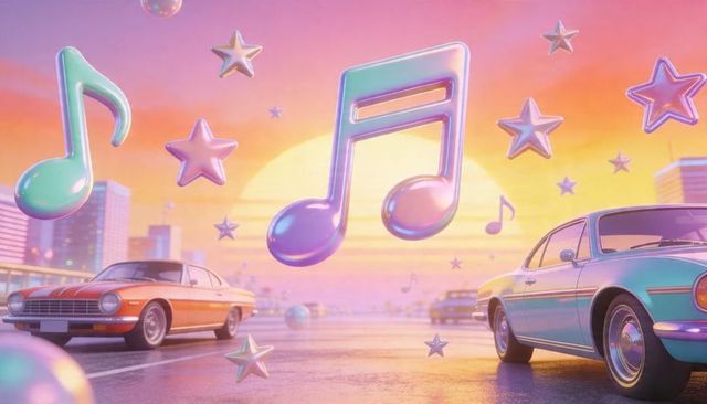 Iridescent floating music note over retro cars at pastel sunset drive vaporwave glow