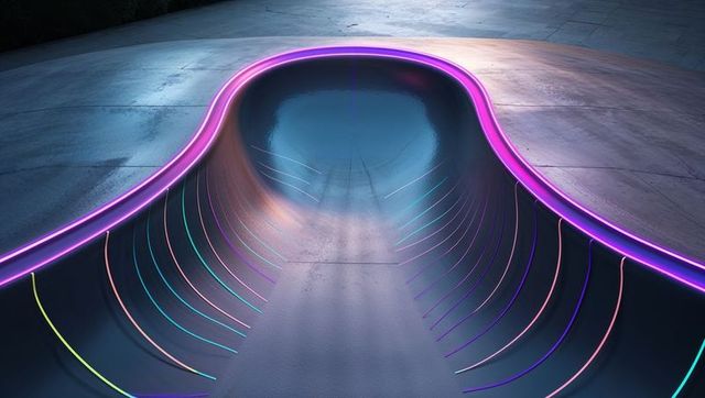 Futuristic neon-lit skate bowl ramp in modern skatepark
