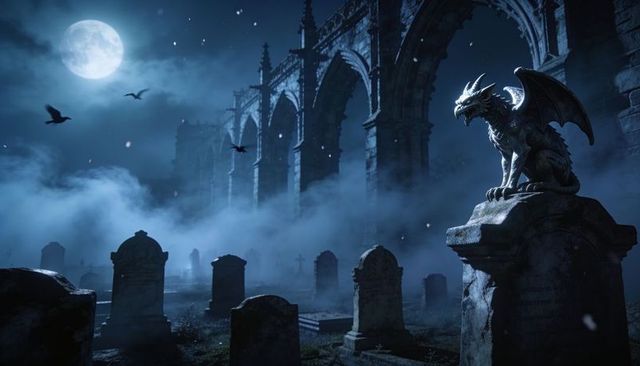 Moonlit gothic cemetery with perched gargoyle on tomb plinth, misty ruins and flying bats