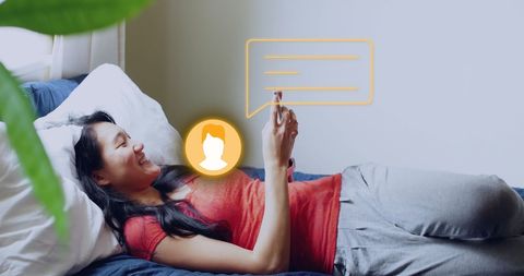 Woman Engaging with Social Media on Smartphone with Animated Icons