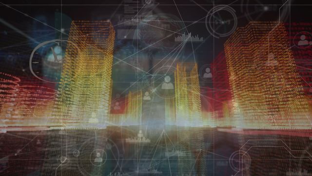 A dynamic conceptual art of a cityscape overlaid with digital data visuals including a DNA helix animation and complex network elements, showcasing a digital representation of a modern technological city. Ideal for use in tech-focused promotional materials, digital marketing assets, and futuristic project designs, emphasizing themes of innovation and modern data-driven environments.