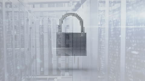Digital Security Symbol with Server Room Background Animation