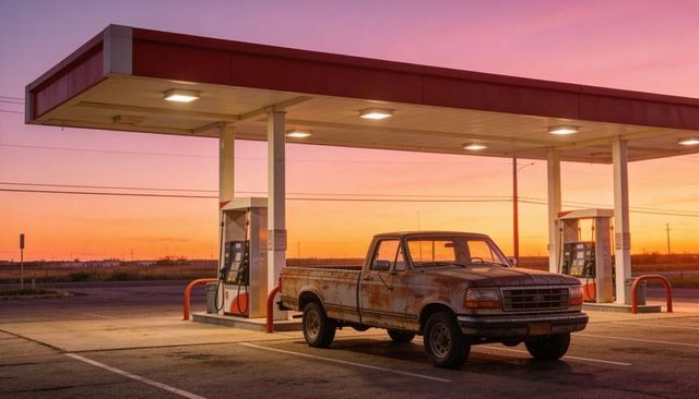 Rusted vintage pickup waiting at rural gas station under sunset canopy