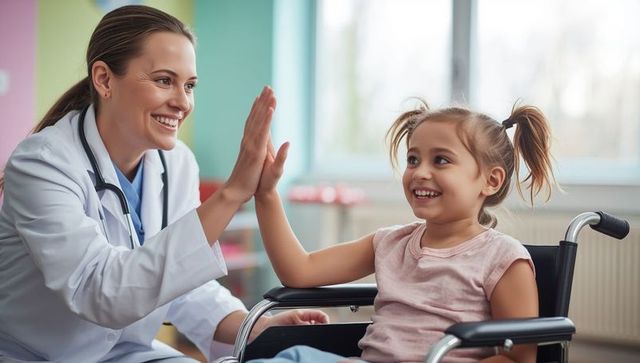 Doctor high-fiving child in wheelchair at pediatric clinic