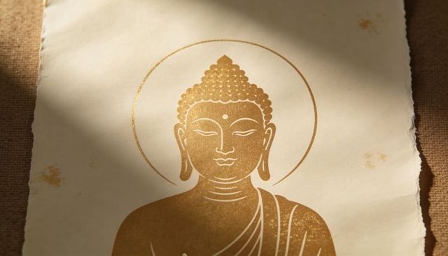 Gilded buddha print resting on deckle-edged paper with burlap texture, metallic minimalist art