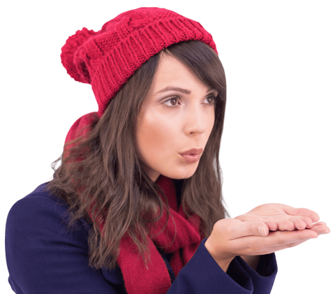 Woman Blowing Hands Posing on Transparent Background Winter Attire