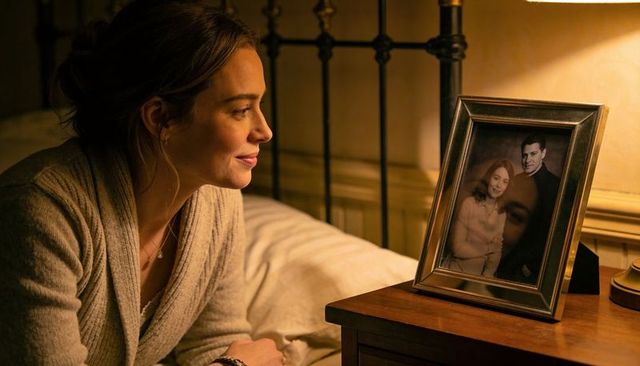 Woman leaning on bed gazing at framed portrait on nightstand warm intimate bedroom moment