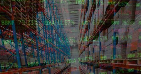 Warehouse Aisle Superimposed with Financial Data - Download Free Stock Images Pikwizard.com