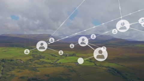 Digital Network Across Serene Mountain Landscape