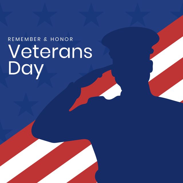 Patriotic design featuring a silhouette of a soldier saluting against the backdrop of the American flag. Ideal for Veterans Day promotions, commemorative events, social media posts, and educational material honoring military service.