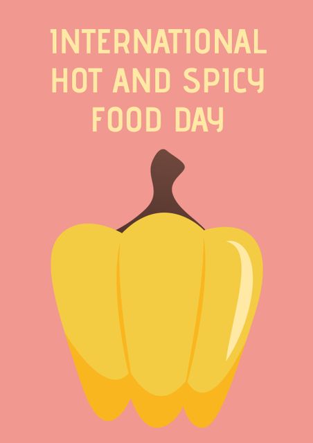 Illustration of international hot and spicy food day text and yellow bell pepper on peach background. text, communication, spice, food and spicy food day concept.