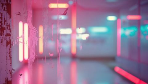 Futuristic Neon-Lit Interior with Grunge Aesthetic