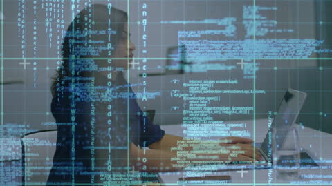 Businesswoman Using Laptop with Projected Data