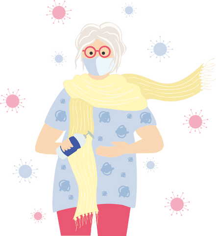 Transparent Background Senior Woman with Mask and Disinfectant
