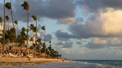 Tropical Beach at Sunset with Palm Trees and Clouds
