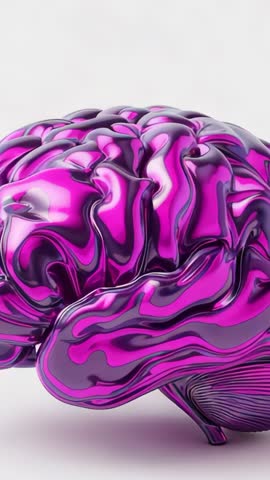 Rotating Neon Metallic Brain in 3D Vertical Tech Visualization for AI and Neuroscience