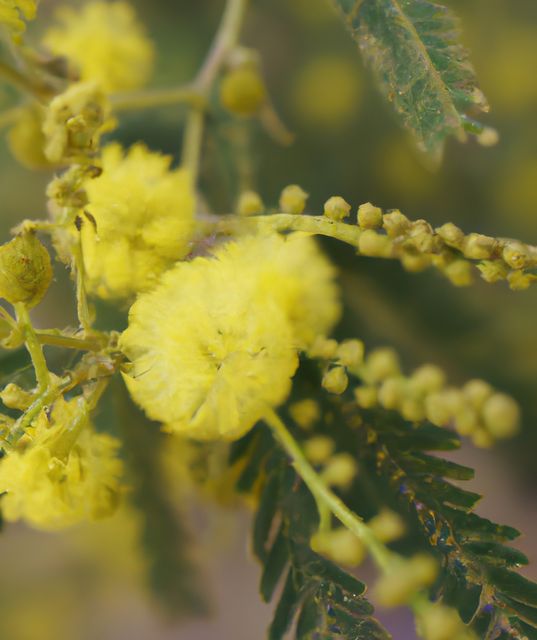 Bright yellow mimosa flowers in full bloom, showcasing intricate details of petals. Ideal for use in botanical illustrations, floral decorations, springtime promotions, nature wall art, postcards, and educational materials on botany.