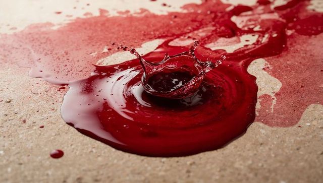 Crimson liquid splash creating crown-shaped ripple on textured kraft surface macro studio