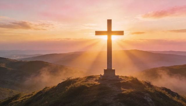 Sunrise cross standing on hilltop radiating golden rays across misty mountain ridges