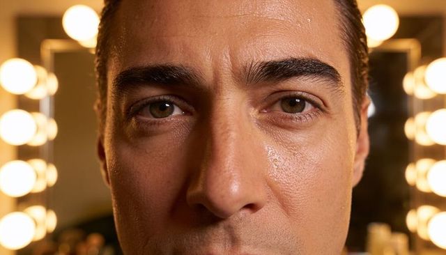 Intense close-up male headshot staring into camera under dressing room vanity lights