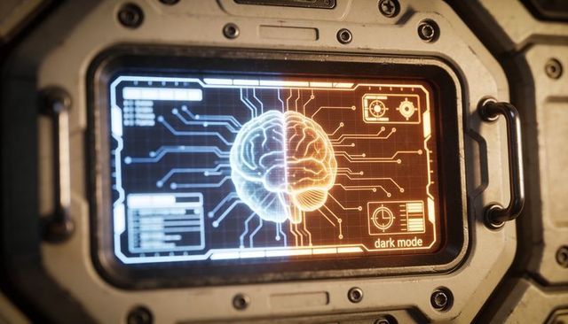 Split neural interface display showing brain wireframe with duotone circuitry