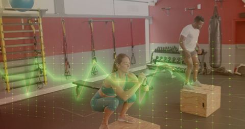 Athletes Exercising with Digital Data Overlay in Modern Gym
