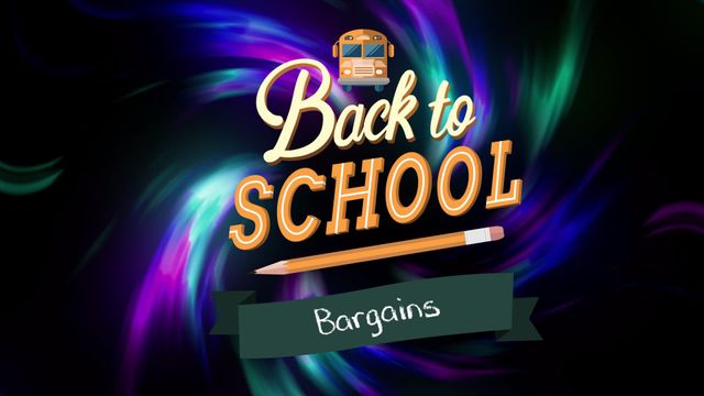 This vibrant animation design showcases a 'Back to School Bargains' theme with a dynamic swirl of colors as the backdrop. Featuring elements like a school bus and a pencil, it is perfect for educational promotions and sales campaigns. Ideal for use in digital marketing materials, online advertisements, and seasonal sales announcements to attract attention from students and parents.