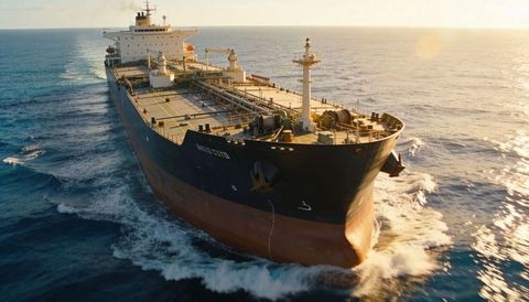 Giant oil tanker cutting through golden-hour ocean with foamy wake deck piping