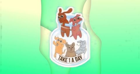 Playful die-cut sticker featuring five animal characters lounging in glass jar take 1 a day
