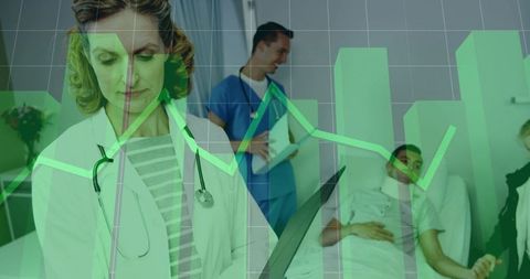 Doctor Analyzing Patient Data on Tablet with Graph Overlay in Hospital