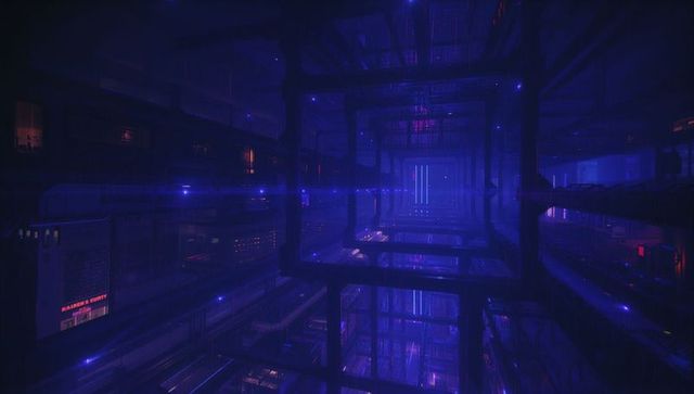 Futuristic Cyberpunk Facility with Nested Cube Frames and Neon Lights