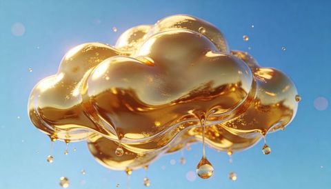 Glossy gold cloud sculpture dripping molten droplets against blue sky