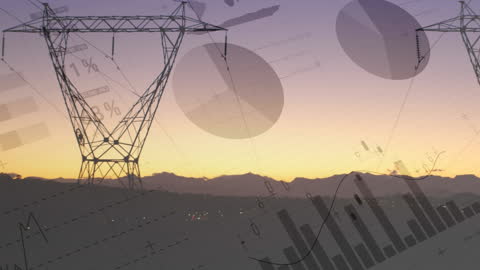 Digital Financial Graphs Overlaying High Voltage Towers at Sunset