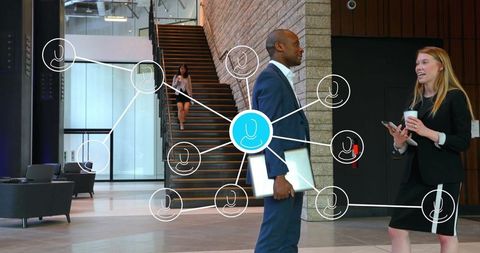 Professionals Networking in Corporate Lobby with Technology Illustrations