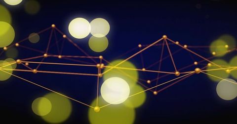 Rotating golden nodes network with bokeh orbs and metallic mesh on deep navy