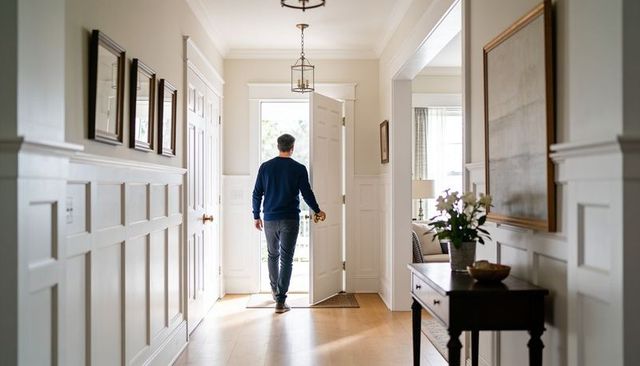 Walking man opening sunlit front door in elegant wainscoted foyer with console vase