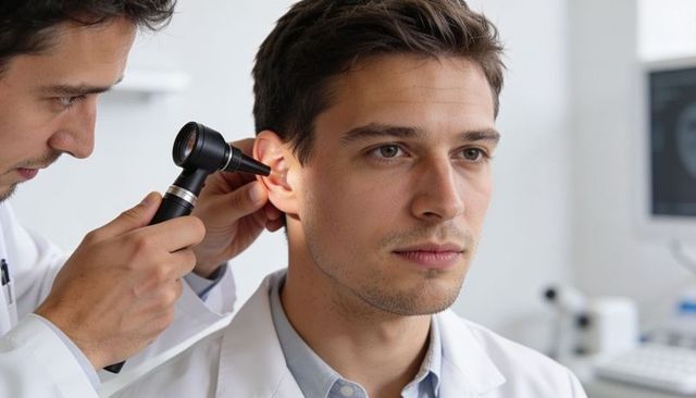 Physician examining young male ear with otoscope in modern clinic for ear care diagnostics