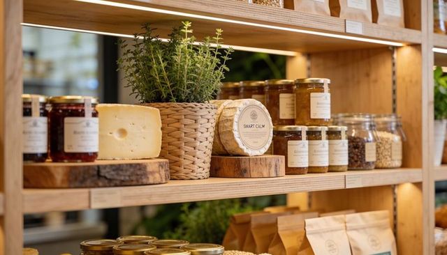 Artisanal deli shelf displaying cheese wheel, jam jars, potted herb with warm led lighting
