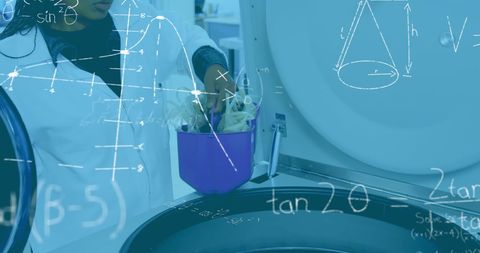 Female lab worker in ppe conducting research with mathematical overlay