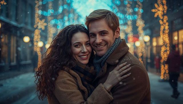 Romantic Couple Embracing in Cozy Winter Street Lights Scene