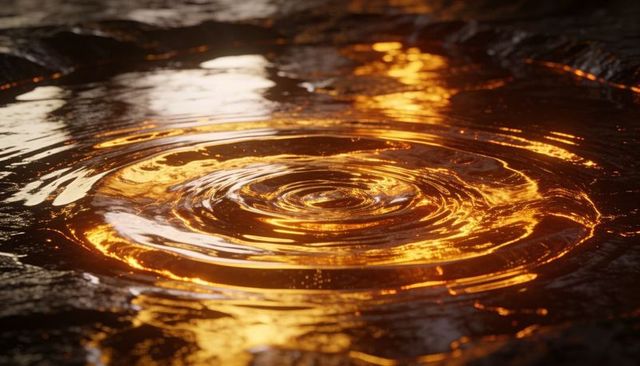 Golden ripples on wet stone puddle reflecting sunset light concentric waves amber glow abstract